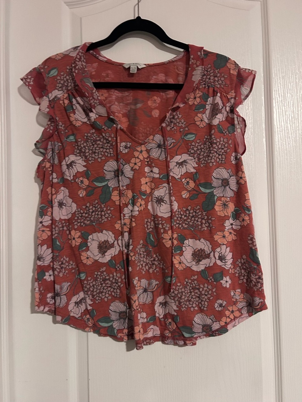 Floral V-Neck Ruffle Sleeve Top - Rust Pink